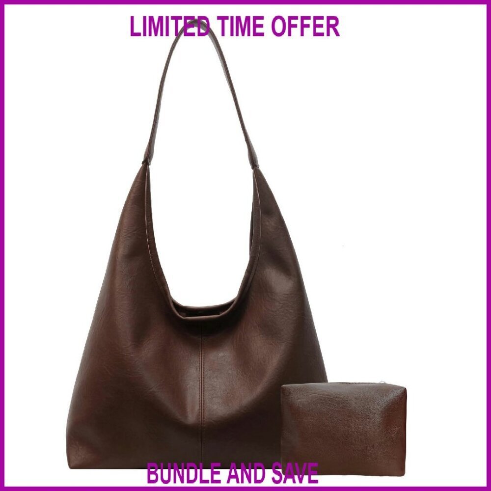 Large Vegan Leather Hobo Tote Bag with Small Purse, Slouchy Work Bag